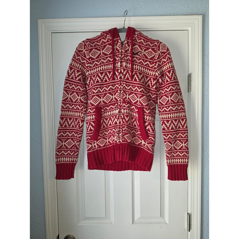 Hollister Vintage Y2K Red White Nordic Fair Isle Wool-Blend Cardigan Sweater S